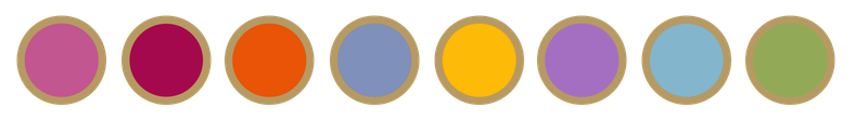 Paleta de colores: rosa, burgundy, naranja, azul, amarillo, morado, cian y verde